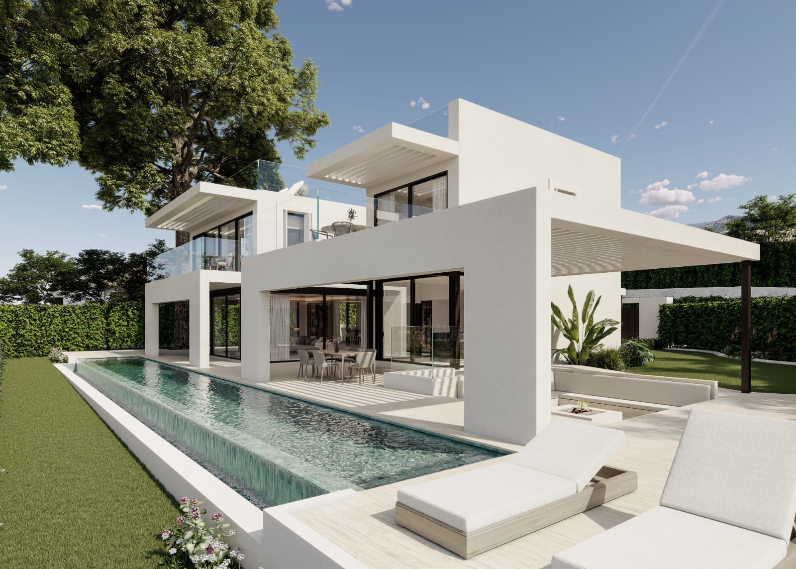 Villa Los Monteros contemporary renovation render with pool and sunken firepit lounge